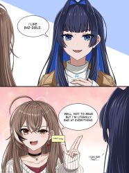 Rule 34 | 2girls, 2koma, ahoge, black choker, blue eyes, blue hair, brown coat, brown eyes, brown hair, choker, coat, collarbone, comic, commentary, crossed bangs, earrings, english commentary, english text, food-themed earrings, gardavwar, hair down, hair intakes, half-closed eye, highres, hololive, hololive english, jewelry, long hair, long sleeves, looking at viewer, multicolored hair, multiple girls, nanashi mumei, nanashi mumei (casual), necklace, official alternate costume, open mouth, ouro kronii, ouro kronii (casual), red shirt, ribbed sweater, salute, shirt, sidelocks, sleeves past wrists, smile, speech bubble, streaked hair, sweater, two-finger salute, virtual youtuber, white shirt, white sweater, yuri