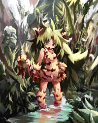 Rule 34 | 1girl, cham cham, female focus, green hair, highres, nature, outdoors, panties, partially submerged, plant, samurai spirits, snk, solo, standing, tiger girl, underwear, water