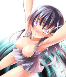 Rule 34 | 10s, 1girl, armpits, arms up, bad id, bad pixiv id, black hair, blush, breasts, breasts out, collarbone, dress, female focus, flower, from above, gara ayuri, hair flower, hair ornament, large breasts, legs, long hair, looking at viewer, looking up, nipples, purple eyes, sanka rea, sankarea, sitting, solo