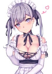 Rule 34 | 1girl, absurdres, bare shoulders, black collar, black ribbon, blush, breasts, cleavage, closed mouth, collar, collarbone, detached collar, dress, elbow gloves, gloves, hair ribbon, head tilt, heart, highres, large breasts, long hair, maid headdress, neck ribbon, original, puffy short sleeves, puffy sleeves, purple eyes, purple hair, ribbon, ryuinu, short sleeves, solo, twintails, upper body, white dress, white gloves, wing collar
