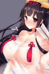 Rule 34 | 1girl, arrow (projectile), bare shoulders, black hair, blush, breasts, brown eyes, cleavage, grey background, hair ornament, inayama, large breasts, long hair, see-through, simple background, solo