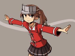 Rule 34 | 1girl, brown eyes, brown hair, commentary, cowboy shot, english commentary, japanese clothes, kantai collection, kariginu, magatama, outstretched arms, pleated skirt, ribbon-trimmed sleeves, ribbon trim, ryuujou (kancolle), sixten, skirt, smile, solo, twintails, visor cap