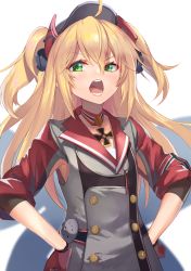 Rule 34 | 1girl, admiral hipper (azur lane), ahoge, armpit cutout, armpits, azur lane, blonde hair, blush, buttons, choker, clothing cutout, collarbone, commentary request, cross, double-breasted, dress, elbow sleeve, flat chest, gloves, green eyes, grey dress, hair between eyes, hands on own hips, hat, headgear, highres, iron cross, long hair, looking at viewer, mole, mole under eye, open mouth, red gloves, red sleeves, shimotsuki shio, sidelocks, simple background, sleeves rolled up, solo, standing, teeth, two side up, upper body, white background