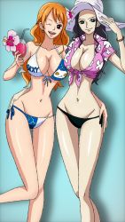 Rule 34 | 2girls, bikini, black hair, blue eyes, breasts, brown eyes, cleavage, cup, drink, drinking glass, groin, hand on another&#039;s hip, hat, large breasts, long hair, looking at viewer, multiple girls, nami (one piece), navel, nico robin, one eye closed, one piece, one piece film: gold, open mouth, orange hair, reisan97, shirt, smile, standing, sun hat, swimsuit, tied shirt, wink