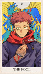 Rule 34 | 1boy, artist name, beige border, black hair, blood, blood from mouth, blue jacket, border, buttons, closed mouth, constricted pupils, disembodied hand, english text, extra mouth, hand up, jacket, jpeg artifacts, jujutsu kaisen, kadeart, licking lips, long sleeves, looking at viewer, male focus, multicolored hair, nail polish, open mouth, orange eyes, red hair, red nails, red shirt, ryoumen sukuna (jujutsu kaisen), severed finger, shirt, short hair, signature, solo focus, straight-on, tarot, tarot (medium), teeth, the fool (tarot), tongue, tongue out, two-tone hair, yellow background