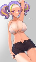 Rule 34 | 1girl, arm behind head, arm up, bikini, blonde hair, blush, breasts, character request, cleavage, copyright request, eyebrows, hand on own thigh, highres, large breasts, looking at viewer, mukuba, multicolored hair, navel, parted lips, purple eyes, purple hair, short hair, short shorts, short twintails, shorts, solo, streaked hair, sweat, swimsuit, twintails, white bikini