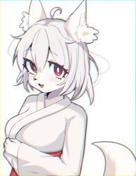Rule 34 | 1girl, :3, animal ear fluff, animal ears, animal nose, body fur, breasts, bright pupils, chatora (0-furry-beast-0), fang, fox ears, fox girl, fox tail, furry, furry female, japanese clothes, kimono, looking at viewer, medium breasts, miko, open mouth, original, red eyes, short hair, solo, tail, white background, white fur, white hair, white kimono, white pupils