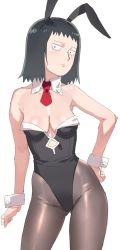 Rule 34 | 10s, 1girl, animal ears, bare shoulders, black hair, breasts, cleavage, constricted pupils, detached collar, fake animal ears, hand on own hip, kurata tome, leotard, mob face, mob psycho 100, necktie, pantyhose, playboy bunny, rabbit ears, shiny skin, short hair, simple background, solo, tenchisouha, white background, wrist cuffs