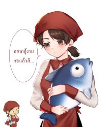 Rule 34 | 1girl, animal, apron, brown eyes, brown hair, fish, fyirkingdomsis, head scarf, highres, holding, holding animal, my hotpot story, ponytail, pouty lips, red apron, solo, sweatdrop, thai text, translation request, upper body