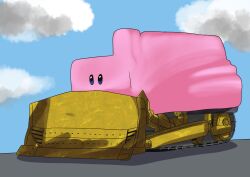 Rule 34 | bulldozer, caterpillar tracks, cloud, colored skin, drawfag, highres, killdozer, kirby, kirby (series), kirby and the forgotten land, motor vehicle, mouthful mode, nintendo, no humans, pink skin, solid oval eyes, solo