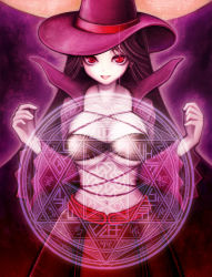 Rule 34 | 1girl, akayukihime, player character (mabinogi), bad id, bad pixiv id, black hair, breasts, cape, character request, dodecagram, dress, hat, large breasts, long hair, mabinogi, magic circle, no nose, pale skin, purple background, purple theme, red eyes, smile, solo, underboob, witch hat