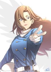 Rule 34 | 1girl, belt, blue eyes, brown hair, buttons, commentary request, gloves, hagiwara chihaya, hair between eyes, hand on own hip, highres, light brown hair, long hair, looking at viewer, meitantei conan, police, police uniform, policewoman, red lips, solo, sooma4869, turtleneck, uniform, upper body, v, white gloves, wings