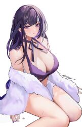 Rule 34 | 1girl, alternate costume, bikini, black ribbon, blush, breasts, cleavage, closed mouth, fingernails, genshin impact, hair between eyes, highres, large breasts, legs, long hair, looking at viewer, mole, mole under eye, nail polish, neck ribbon, purple bikini, purple eyes, purple hair, purple nails, raiden shogun, ribbon, rudang, signature, simple background, sitting, solo, swimsuit, white background