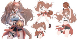Rule 34 | 1girl, absurdres, angelina (arknights), animal ears, arknights, ball, bare legs, basketball, basketball (object), black shorts, breasts, brown hair, clothes around waist, collar, commentary request, dolphin shorts, fang, hairband, highres, holding, holding ball, jacket, jacket around waist, large breasts, legs, long hair, multiple views, navel, official alternate costume, open mouth, orange eyes, red jacket, running, serious, shoes, shorts, simple background, sneakers, sports bra, sportswear, standing, sthk, stomach, sweat, tail, thigh strap, throwing, twintails, unfinished, very long hair, white background, white sports bra