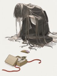 Rule 34 | 1girl, absurdres, black hair, black kimono, comb, commentary request, covering face, funeral kimono, grey background, hair spread out, hand on own face, handkerchief, head down, highres, holding, holding paper, japanese clothes, kimono, kneeling, kotobuki nashiko, lace trim, long hair, original, paper, photo (object), red ribbon, ribbon, simple background, socks, tears, very long hair, white socks, wide sleeves, wooden box