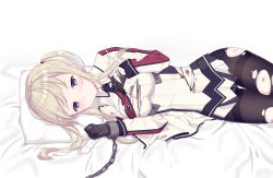 Rule 34 | 10s, 1girl, bad id, bad pixiv id, black gloves, black pantyhose, blonde hair, blush, breasts, chain, cnm, crotch seam, cuffs, gloves, graf zeppelin (kancolle), kantai collection, large breasts, long hair, looking at viewer, lying, necktie, on side, panties, panties under pantyhose, pantyhose, pillow, purple eyes, shackles, simple background, solo, tears, thighband pantyhose, torn clothes, torn pantyhose, twintails, underwear, uniform, white background