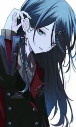 Rule 34 | 1girl, :d, bangs pinned back, black hair, black jacket, blue eyes, buttons, collared shirt, double-breasted, from side, grey shirt, hair between eyes, hair ornament, head tilt, highres, hoshino ichika (project sekai), jacket, long sleeves, looking at viewer, open mouth, parted bangs, project sekai, ritzchrono, shirt, simple background, smile, solo, tucking hair, upper body, white background