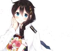 Rule 34 | 1boy, 1girl, absurdres, blue eyes, blush, bow, braid, brown hair, closed mouth, flower, hair bow, hair flaps, hair ornament, hair over shoulder, highres, huge filesize, jacket, jacket on shoulders, kantai collection, long hair, long sleeves, military, military uniform, naoto (tulip), naval uniform, out of frame, pink flower, pink rose, red bow, red flower, red rose, rose, scan, school uniform, shigure (kancolle), short sleeves, simple background, single braid, uniform, white background, white flower, yellow flower