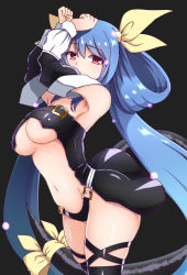 Rule 34 | 1girl, arms up, bare shoulders, black panties, black thighhighs, blue hair, breasts, detached sleeves, dizzy (guilty gear), guilty gear, hair ribbon, hair rings, highres, long hair, long sleeves, looking at viewer, medium breasts, navel, open mouth, panties, red eyes, ribbon, solo, tail, tail ornament, tail ribbon, thighhighs, thighs, twintails, underboob, underwear, very long hair, yellow ribbon, zetsuei (zetto)