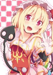 Rule 34 | 1girl, :d, adapted costume, blonde hair, detached sleeves, fang, flandre scarlet, hat, heart, heart-shaped pupils, kan lee, laevatein, looking at viewer, magical girl, mob cap, open mouth, red eyes, shirt, side ponytail, skirt, smile, solo, symbol-shaped pupils, touhou, v, white background