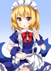 Rule 34 | 1girl, :o, apron, blonde hair, blue background, blue dress, blush, bow, bowtie, commentary request, cowboy shot, dress, eyelashes, gradient background, highres, maid, maid apron, maid headdress, mugetsu (touhou), one-hour drawing challenge, open mouth, red bow, red bowtie, ruu (tksymkw), short hair, short sleeves, simple background, touhou, touhou (pc-98), white background, yellow eyes