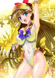 Rule 34 | 1girl, adapted costume, aino minako, armpits, back bow, bishoujo senshi sailor moon, blonde hair, blue bow, blue eyes, bow, brooch, cheerleader, commentary request, cowboy shot, elbow gloves, floral background, gloves, gold background, gold shoes, hair bow, heart, heart brooch, highleg, highleg leotard, jewelry, leotard, long hair, open mouth, orange sailor collar, pom pom (cheerleading), red bow, sailor collar, sailor senshi uniform, sailor venus, sen (sansui), shiny clothes, smile, solo, sparkle background, venus symbol, visor cap, white gloves, white leotard, yellow bow