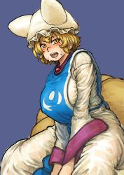 Rule 34 | 1girl, alternate eye color, animal hat, bad id, bad tumblr id, between legs, blonde hair, breasts, brown eyes, chanta (ayatakaoisii), commentary, covered erect nipples, fox tail, hand between legs, hat, highres, huge breasts, long sleeves, looking at viewer, mob cap, multiple tails, purple background, see-through, short hair, simple background, sitting, sketch, solo, sweatdrop, tabard, tail, thick thighs, thighs, touhou, white hat, wide hips, wide sleeves, yakumo ran