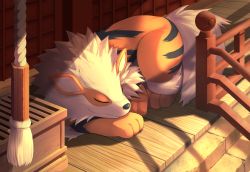 Rule 34 | arcanine, boriku (auuc3857), closed mouth, commentary request, creatures (company), closed eyes, fang, fang out, fence, game freak, gen 1 pokemon, lying, nintendo, no humans, on stomach, pokemon, pokemon (creature), rope, sleeping, solo, wooden floor