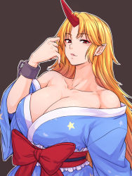Rule 34 | 1girl, black background, blonde hair, blue kimono, breasts, cleavage, frilled sash, highres, horns, hoshiguma yuugi, hoshiguma yuugi (kimono), huge breasts, japanese clothes, kakone, kimono, long hair, long sleeves, looking at viewer, oni horns, open mouth, parted lips, pointy ears, red eyes, red horns, red sash, sash, simple background, single horn, solo, star (symbol), touhou, upper body, wide sleeves