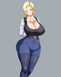 Rule 34 | 1boy, 1girl, android 18, arms behind back, blonde hair, blue eyes, breasts, cleavage, covered erect nipples, dragon ball, dragonball z, highres, huge breasts, pinkpawg, short hair, standing, tagme