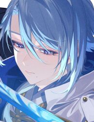 Rule 34 | 1boy, blue eyes, blue hair, blue theme, closed mouth, eyelashes, genshin impact, hair over one eye, hair over shoulder, japanese clothes, kamisato ayato, light blue hair, long hair, looking ahead, male focus, mole, mole under mouth, portrait, simple background, solo, sword, weapon, white background, yamada chickenko