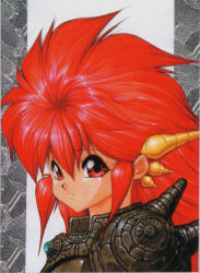 Rule 34 | 1990s (style), 1girl, armor, dragon half, horns, long hair, mink (dragon half), red eyes, red hair, retro artstyle, solo, tagme