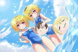 Rule 34 | 3105lave, ball, black hairband, blonde hair, blue one-piece swimsuit, blue sky, breasts, clothes pull, cloud, covered navel, day, dual persona, hairband, highres, higurashi no naku koro ni, holding, houjou satoko, houjou satoshi, maebara keiichi, one-piece swimsuit, one-piece swimsuit pull, outdoors, red eyes, short hair, sky, small breasts, standing, swimsuit, two-tone swimsuit, wading, water