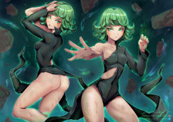 Rule 34 | 1girl, ass, aura, black dress, blood, blood on face, breasts, covered navel, curly hair, dirty, dirty face, dress, floating rock, green eyes, green hair, highres, jammeryx, no panties, one-punch man, parted lips, rock, serious, signature, small breasts, solo, tatsumaki, telekinesis, torn clothes, torn dress, watermark, web address