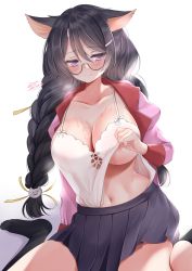 Rule 34 | 1girl, animal ears, black hair, blush, braid, breasts, camisole, camisole lift, cat ears, cat girl, cat hair ornament, cleavage, closed mouth, clothes lift, commentary request, embarrassed, glasses, hair ornament, hairclip, hanekawa tsubasa, highres, kneehighs, large breasts, long hair, monogatari (series), navel, neco meito, no shoes, open clothes, purple eyes, school uniform, see-through, shirt, sitting, skirt, socks, solo, twin braids, very long hair, wariza