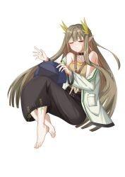 Rule 34 | 1girl, absurdres, arknights, barefoot, feet, half-closed eye, highres, light blush, long hair, looking at viewer, muelsyse (arknights), one eye closed, parted lips, pointy ears, sasuk1, toes, yellow eyes