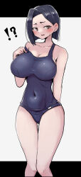 Rule 34 | !?, 1girl, arm at side, black background, blue hair, blue one-piece swimsuit, blush, boku no kokoro no yabai yatsu, breasts, cleavage, collarbone, covered navel, dark blue hair, dot nose, earrings, embarrassed, feet out of frame, female focus, hand on own chest, highres, huge breasts, jewelry, knees together feet apart, long28, looking at viewer, looking to the side, mature female, medium hair, nervous, nervous smile, nervous sweating, one-piece swimsuit, open mouth, simple background, smile, solo, standing, strap slip, sweat, swimsuit, thigh gap, two-tone background, white background, yamada sanae (bokuyaba)