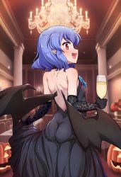 Rule 34 | 1girl, :d, ai-assisted, ass, backless outfit, bat wings, black gloves, blue hair, cup, dress, elbow gloves, fang, fire, gloves, highres, holding, holding cup, jack-o&#039;-lantern, lace, lace gloves, looking back, no headwear, open mouth, pechimaru, pointy ears, profile, pumpkin, red eyes, remilia scarlet, skin fang, smile, solo, touhou, wings