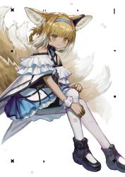 Rule 34 | 1girl, absurdres, animal ears, arknights, bare shoulders, black collar, black footwear, blonde hair, blue hairband, boots, chinese commentary, collar, commentary, corrupted metadata, dress, earpiece, fox ears, fox girl, fox tail, green eyes, hairband, highres, kitsune, kyuubi, looking at viewer, material growth, multiple tails, oripathy lesion (arknights), pantyhose, peach21, skirt, smile, solo, suzuran (arknights), tail, torn clothes, torn pantyhose, white background, white dress, white pantyhose, white skirt, white wristband