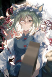 Rule 34 | 1girl, absurdres, backlighting, black eyes, blue vest, blurry, blurry foreground, closed mouth, flat chest, floating hair, flower, foreshortening, frills, green hair, hair between eyes, hand on own hip, hat, heterochromia, highres, holding, holding stick, juliet sleeves, light, long sleeves, looking at viewer, perspective, puffy sleeves, red ribbon, ribbon, ribbon-trimmed sleeves, ribbon trim, rod of remorse, serious, shiki eiki, solo, spider lily, stick, toku kekakewanko, touhou, vest, white eyes