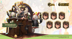 Rule 34 | 1girl, animal ears, azur lane, bare shoulders, breasts, brown hair, coat, commentary, english commentary, expressions, fake animal ears, glasses, hair ornament, hairclip, highres, ingraham (azur lane), ingraham (fixin for a mixin) (azur lane), leotard, looking at viewer, manjuu (azur lane), medium breasts, messy hair, nagu, navel, official art, playboy bunny, promotional art, rabbit ears, red eyes, strapless, strapless leotard, thighhighs