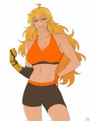 Rule 34 | 1girl, abs, ahoge, black shorts, breasts, cleavage, fingerless gloves, gloves, highres, large breasts, long hair, mechanical arms, midriff, muscular, navel, orange gloves, orange sports bra, rwby, shorts, signature, single fingerless glove, single mechanical arm, solo, sports bra, white background, yang xiao long, yellow nicky