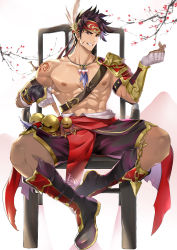 Rule 34 | 1boy, abs, armor, bandages, bandaged hand, bandages, bara, bare pectorals, beckoning, bell, boots, bracer, brown hair, chain, chest harness, come hither, facial scar, feather hair ornament, feather necklace, feathers, finger heart, fingerless gloves, full body, gan ning, gloves, hair ornament, harness, headband, highres, knee boots, large pectorals, leather, male focus, muscular, muscular male, navel, nipples, on chair, pauldrons, pectorals, pelvic curtain, pmoazi, pointing, pointing at self, purple shorts, scar, scar on cheek, scar on face, scar on stomach, seductive smile, shin sangoku musou, short hair, shorts, shoulder armor, shoulder tattoo, sidelocks, single bare shoulder, sitting, smile, solo, spiked hair, stomach, tattoo, thighs, tree