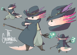 Rule 34 | aqua eyes, artist name, axolotl, back, black headwear, boots, brown footwear, closed mouth, from behind, full body, glowing, grey background, hat, highres, holding, holding staff, long sleeves, magic, multiple views, otivnod, signature, simple background, smile, staff, standing, wide sleeves, witch hat