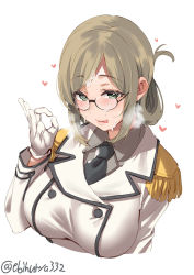 Rule 34 | 1girl, :d, breasts, breath, buttons, collared shirt, cum, cum on clothes, double-breasted, ebifurya, epaulettes, facial, folded ponytail, glasses, gloves, green eyes, heart, heavy breathing, highres, jacket, kantai collection, katori (kancolle), large breasts, light brown hair, lips, looking at viewer, military, military uniform, money gesture, necktie, open mouth, parted bangs, rimless eyewear, shirt, smile, suggestive fluid, twitter username, uniform, upper body, white background, white gloves