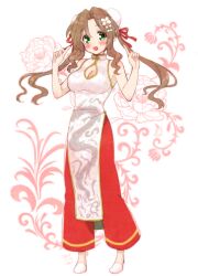 Rule 34 | 1girl, aerith gainsborough, artist name, bare arms, bare shoulders, blush, breasts, brown hair, china dress, chinese clothes, cleavage, cleavage cutout, clothing cutout, dated, double bun, dress, final fantasy, final fantasy airborne brigade, final fantasy vii, floral background, flower, full body, green eyes, hair between eyes, hair bun, hair flower, hair ornament, hair ribbon, krudears, long hair, looking at viewer, mandarin collar, medium breasts, official alternate costume, open mouth, pants, pants under dress, parted bangs, pelvic curtain, pointing, red pants, red ribbon, ribbon, sidelocks, sleeveless, sleeveless dress, smile, solo, square enix, twintails, w arms, wavy hair, white dress, white footwear