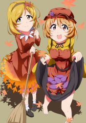 Rule 34 | 2girls, aki minoriko, aki shizuha, apron, autumn, autumn leaves, barefoot, blonde hair, bonnet, broom, brown background, brown eyes, bwell, choker, dress, flower, food, fruit, grapes, hair flower, hair ornament, hat, holding, holding clothes, holding skirt, juliet sleeves, leaf, leaf hair ornament, leaf on head, long sleeves, looking at viewer, maple leaf, multiple girls, object on head, open mouth, potato, puffy sleeves, red dress, red eyes, ribbon, ribbon choker, shirt, short hair, siblings, simple background, sisters, skirt, skirt basket, smile, sweet potato, touhou, vest
