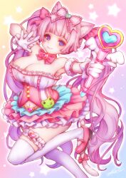Rule 34 | 1girl, animal ears, blue eyes, blunt bangs, breasts, cat ears, cleavage, commission, frills, gloves, hasunoue miya, heart, heart-shaped pupils, highres, indie virtual youtuber, kodue55, large breasts, long hair, magical girl, mary janes, pink footwear, pink hair, pink pupils, shoes, skeb commission, smile, solo, symbol-shaped pupils, thighhighs, twintails, very long hair, virtual youtuber, white gloves, white thighhighs