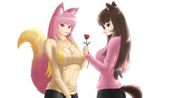 Rule 34 | 2girls, absurdres, animal ears, blonde hair, blue eyes, breasts, brown hair, cat ears, cat girl, cleavage, cleavage cutout, clothing cutout, flower, fluffy, fox ears, fox girl, fox tail, gradient hair, highres, holding, holding flower, leggings, long hair, looking at viewer, multicolored hair, multiple girls, open mouth, original, pink hair, red eyes, rose, shigatsu, sweater, tail, takie, takie arts, two-tone hair