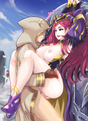 Rule 34 | 1boy, 2girls, against wall, armpits, arms up, bottomless, braid, breasts, breasts out, cheating (relationship), clothed sex, cum, fire emblem, fire emblem echoes: shadows of valentia, fire emblem heroes, grin, heart, hetero, high heels, highres, hmage, kiran (fire emblem), large breasts, leg lock, loki (fire emblem), long hair, long legs, looking at another, multiple girls, nintendo, nipples, open mouth, penis, ponytail, purple hair, pussy, red hair, sex, smile, sonya (fire emblem gaiden), thigh grab, thighs, uncensored, vaginal, voyeurism
